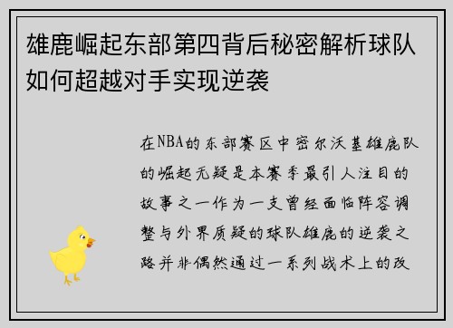 雄鹿崛起东部第四背后秘密解析球队如何超越对手实现逆袭